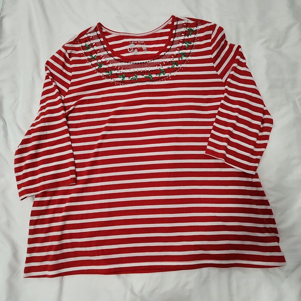 Coral Bay Women 2X Tee Studded Pullover Red Stripe Lightweight Embroidered XMAS